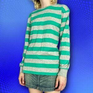 Vintage Land's End striped green and grey crewneck long sleeve shirt, size S